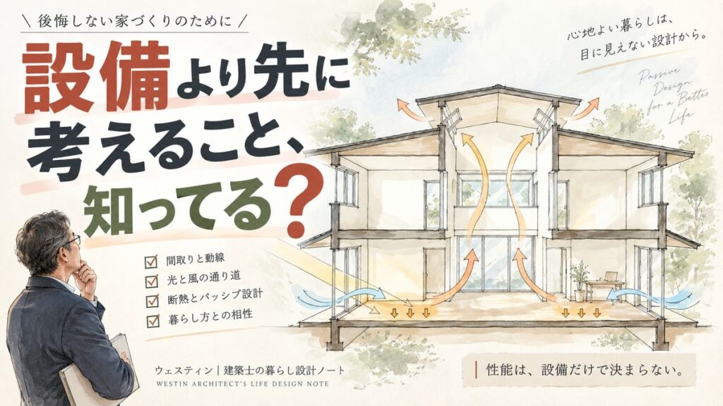 パッシブデザインの仕組みを示す住宅断面イラスト。太陽・風・断熱・蓄熱・植栽が連動して室内環境を整える様子