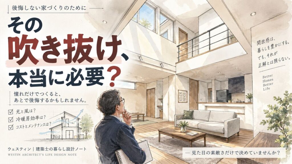 明るく開放的な吹き抜けのある注文住宅リビングの写真