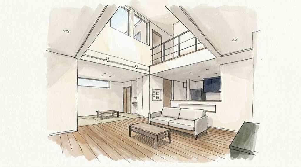 明るく開放的な吹き抜けのある注文住宅リビングの写真