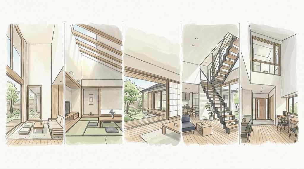 高天井・勾配天井・大開口窓・スケルトン階段・室内窓の5つの代替案を比較する住宅デザイン図