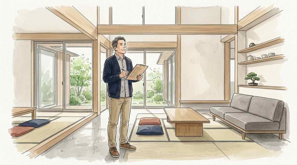 吹き抜け採用前チェックリストを手にする建築士のイメージ