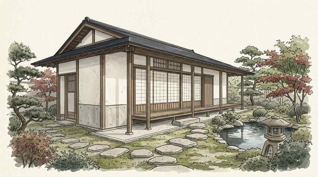 和風別館「游心亭」の庭園と数寄屋造りの意匠イメージ