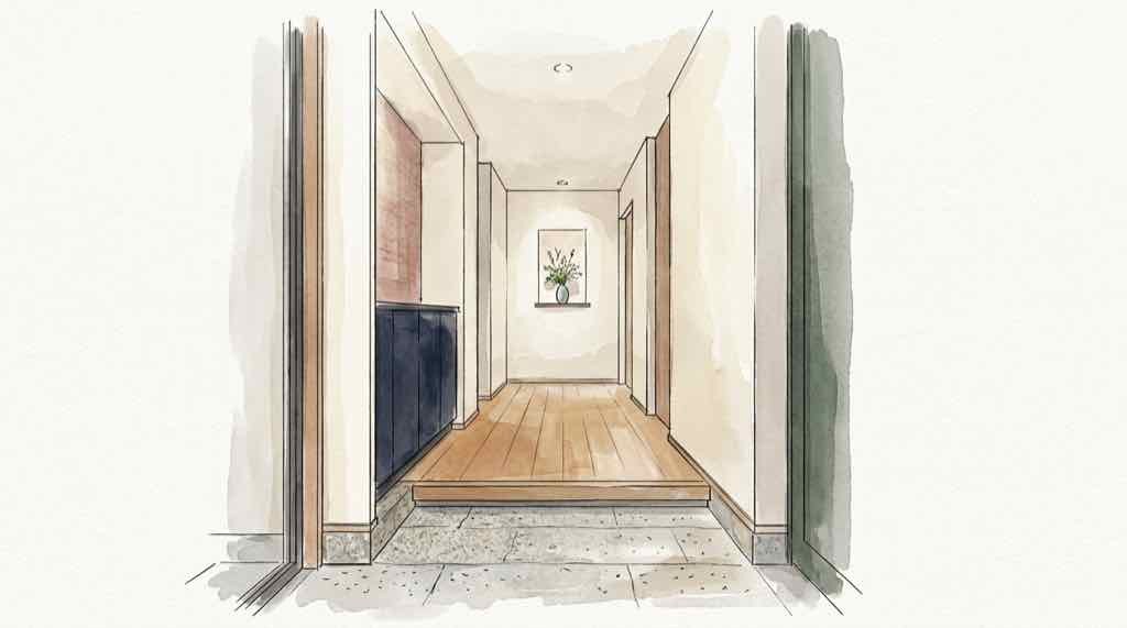 石・木・布の素材を使い分けた住宅の玄関イメージ