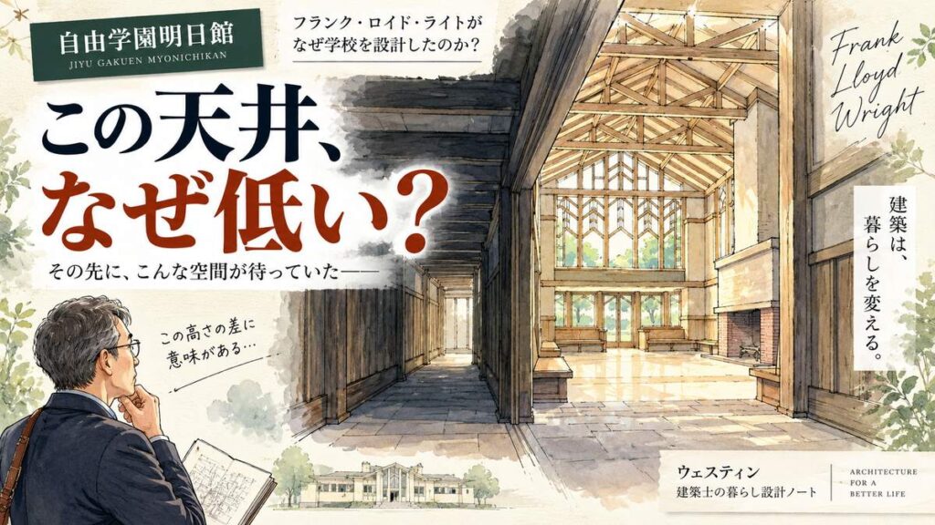 自由学園明日館の低い玄関から中央ホールへと視線が抜ける様子