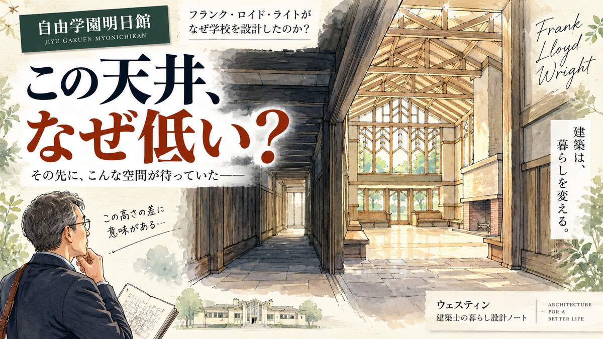 自由学園明日館の低い玄関から中央ホールへと視線が抜ける様子