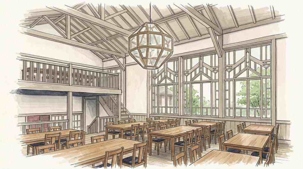 食堂の巨大な幾何学照明とスキップフロアの様子