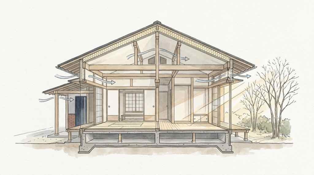 パッシブデザインの仕組みを示す住宅断面イラスト。太陽・風・断熱・蓄熱・植栽が連動して室内環境を整える様子