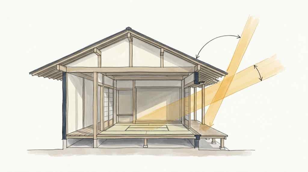 南面の庇による夏の日射遮蔽と冬の日射取得を示す建築断面図。夏至約78度・冬至約31度の太陽角度と庇の関係を対比
