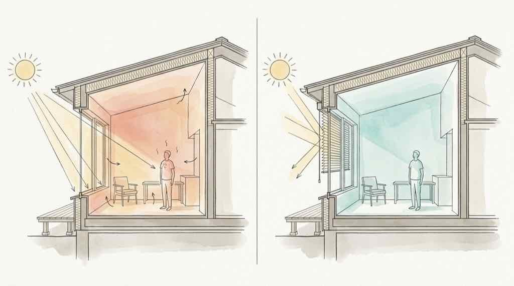 高断熱住宅の夏の日射比較図。左は外付けシェードなしで熱が室内に蓄積し右は外付けシェードで窓外から日射を遮断している対比