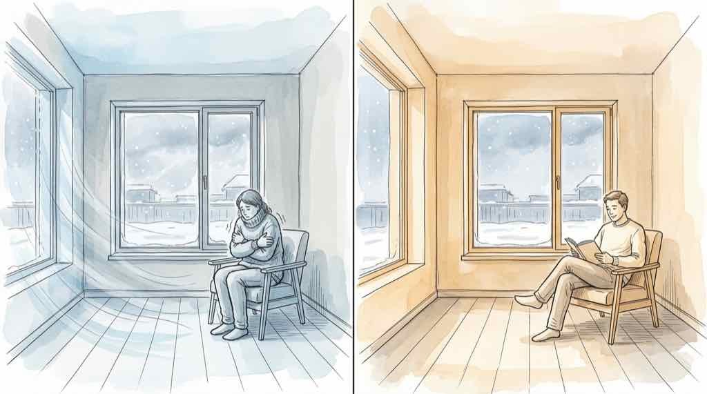 落葉広葉樹が夏に日射を遮り冬に葉を落として日光を通す様子を示すイラスト。蒸散作用による微気候改善の効果を含む