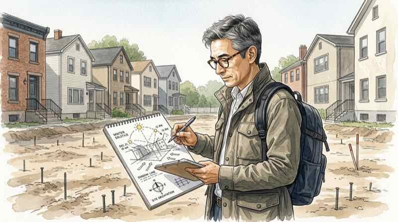 建築士が住宅建設予定地を確認しているイラスト。方位・冬至の日影・隣家の高さ・西日・風向きをスケッチに書き込んでいる様子