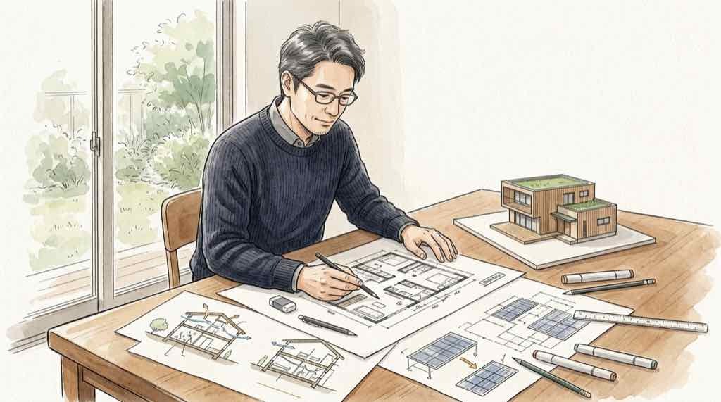 省エネ住宅の設計図面を建築士が確認している様子