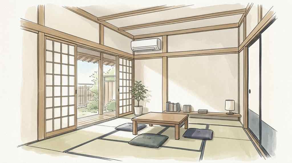 高断熱住宅のリビングに設置された小型のエアコン
