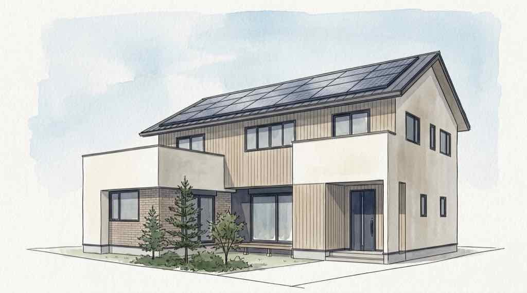 屋根に設置された太陽光パネルのある住宅の外観