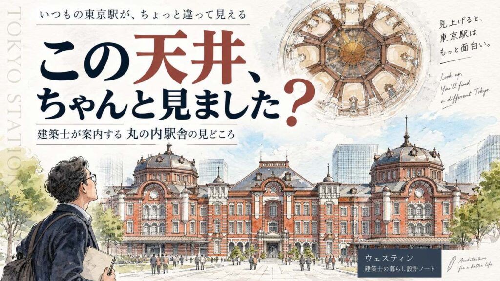 東京駅丸の内駅舎の赤レンガファサードを見上げる構図、建築士が案内する見どころ紹介用の全景イメージ