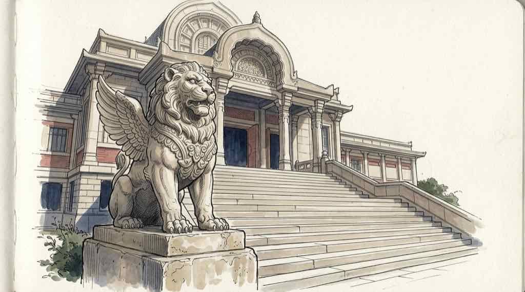 築地本願寺の幻獣彫刻、有翼の獅子または象の全体像