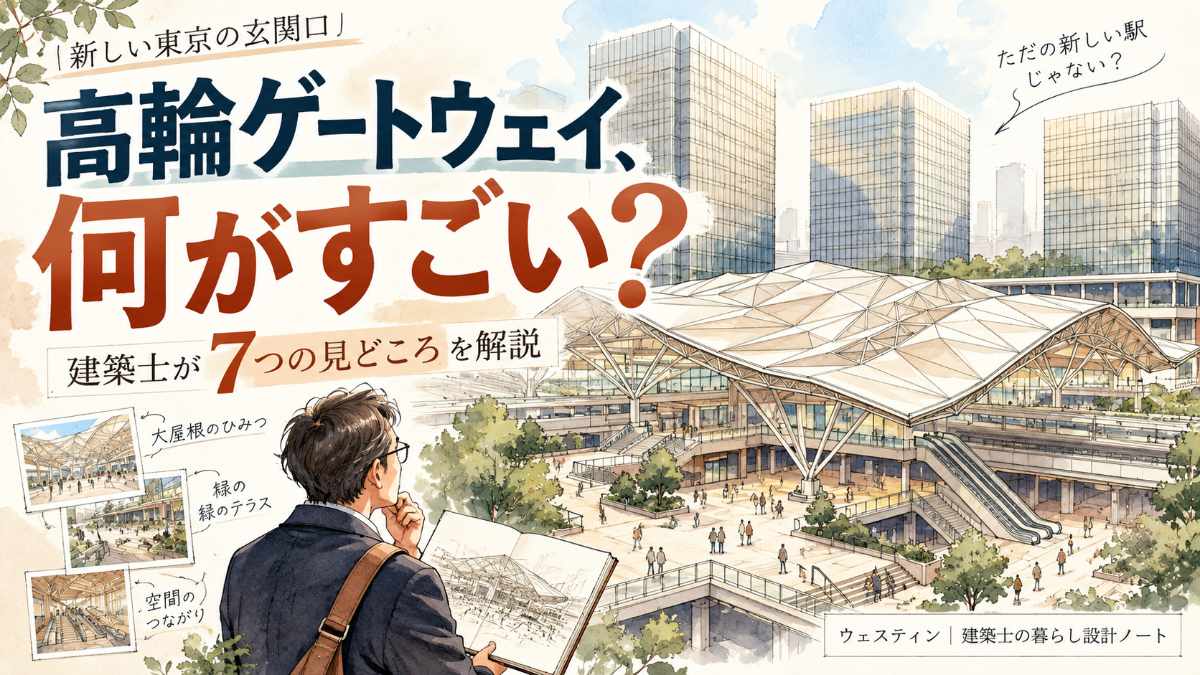 高輪ゲートウェイ駅の大屋根と超高層ビル群が並ぶ、TAKANAWA GATEWAY CITYの建築の全景イメージ