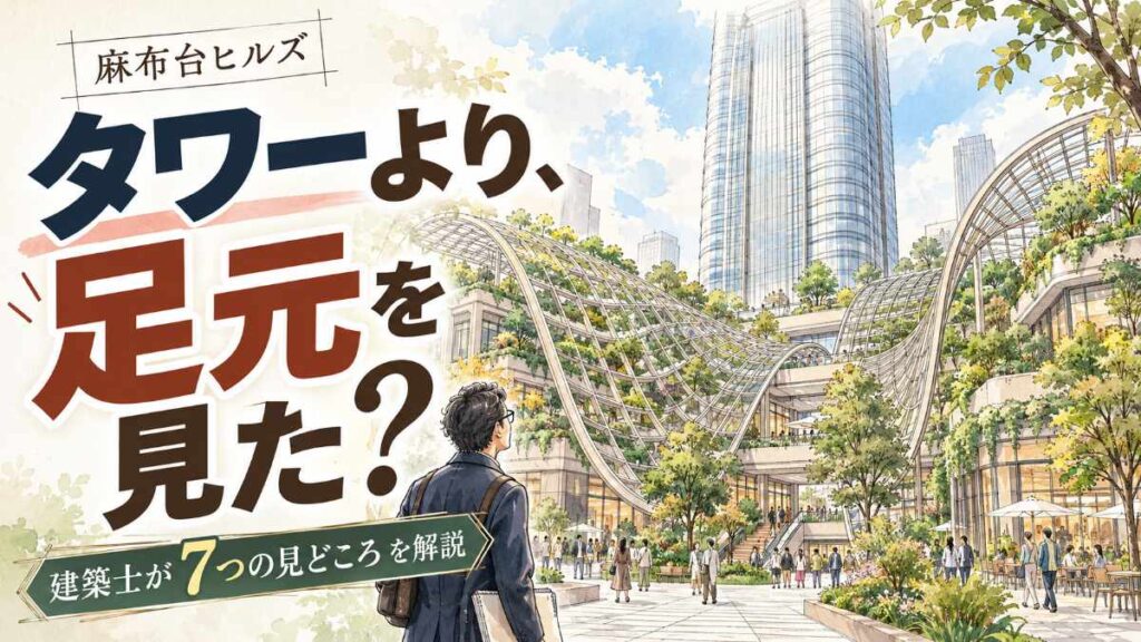 麻布台ヒルズの建築を象徴する、緑の低層部と広場の向こうに森JPタワーが立つ全景イメージ