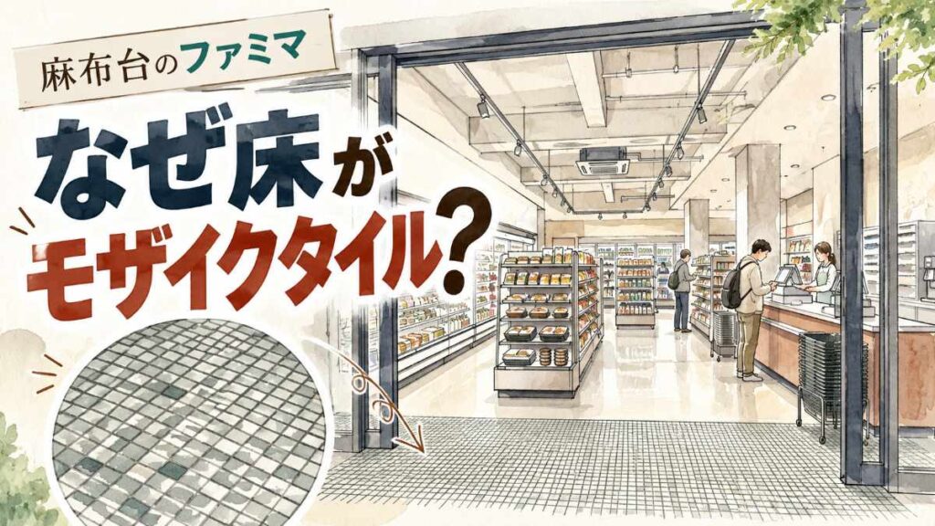 FAMIMA PARK AZABUDAIの建築を建築士が観察、モザイクタイルの床と店内の様子を描いたスケッチ