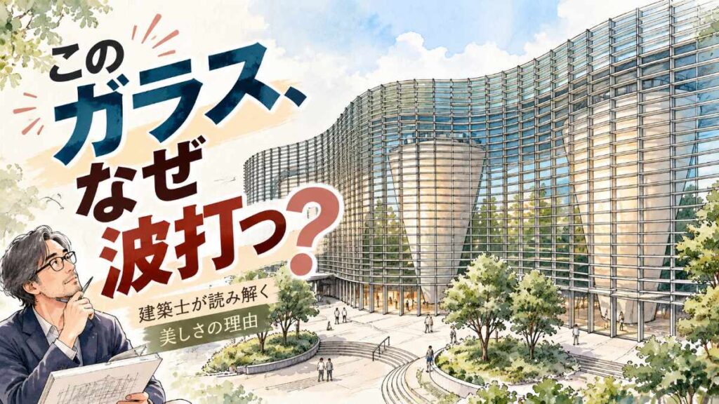 国立新美術館の建築を象徴する波打つガラスの外観を斜めから見た様子