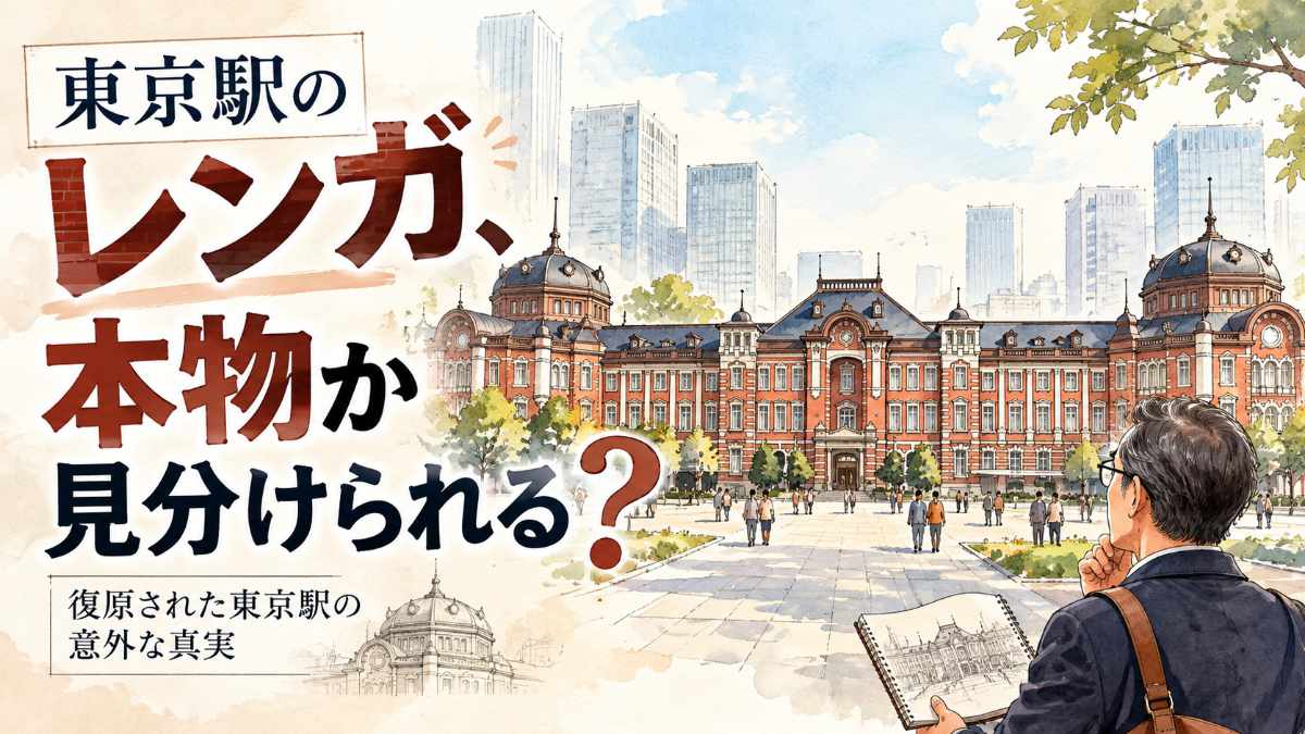 東京駅丸の内駅舎の赤レンガ外壁を描いたスケッチ。東京駅のレンガは本物かを見比べる入口