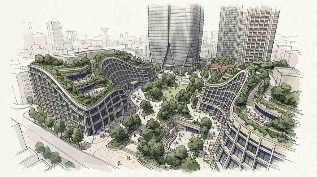 麻布台ヒルズの建築の規模を示す、中央広場と低層部の緑、背後の超高層棟の俯瞰イメージ