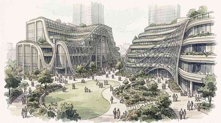 麻布台ヒルズの中央広場、芝生や植栽の間に人々が集まる建築と緑のイメージ