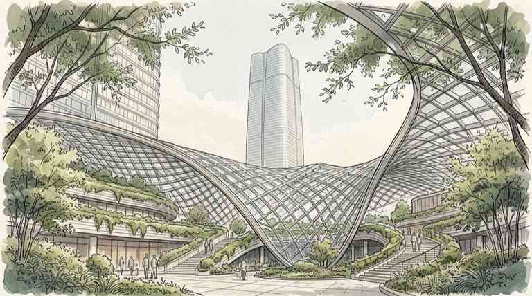 麻布台ヒルズの建築、低層部の緑の向こうに立つ森JPタワーを見上げる構図のイメージ