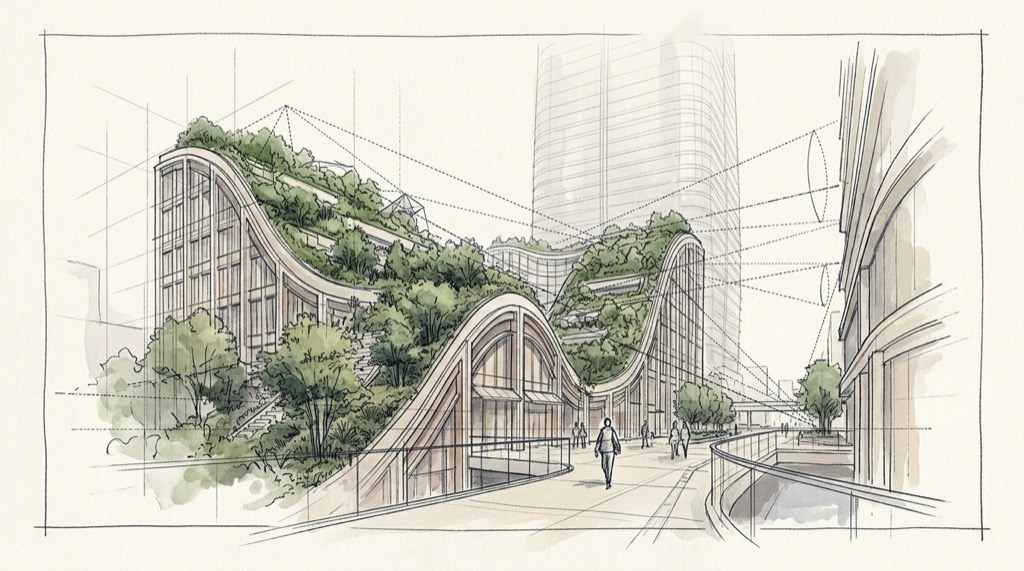麻布台ヒルズの建築を見る視点、屋根の緑と曲線の壁、歩行者の目線の高さを描いたスケッチイメージ