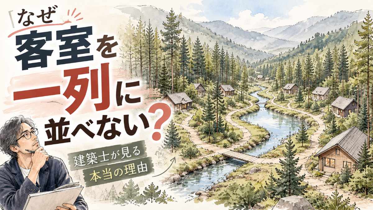 星の軽井沢の建築を描いた、谷あいに点在する客室と水辺の水彩スケッチ