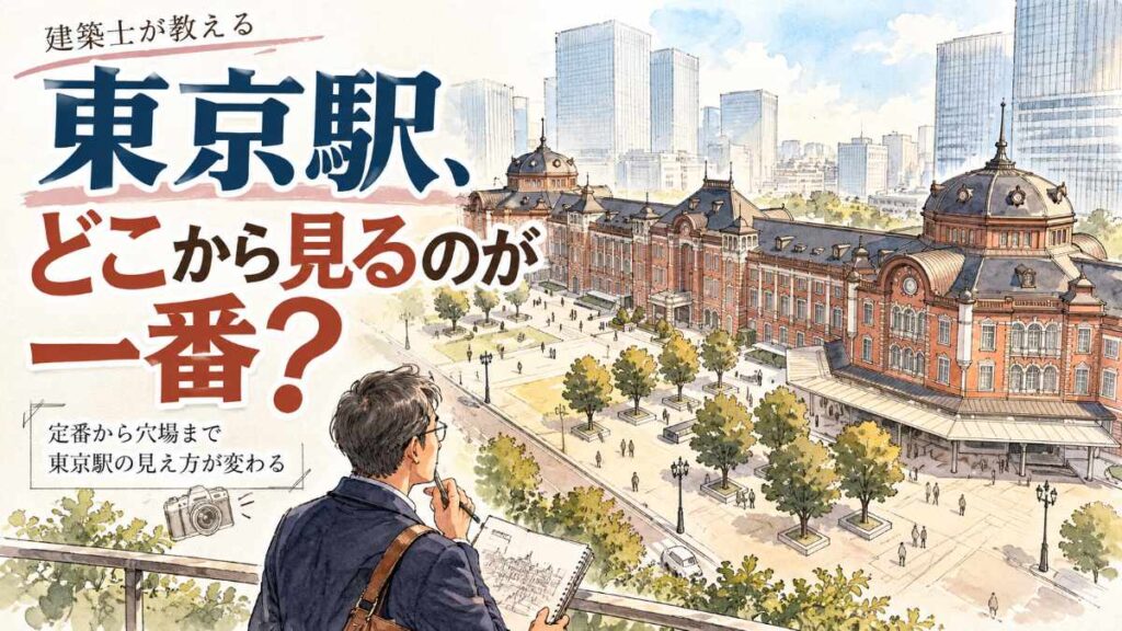 東京駅丸の内駅舎を斜め上から眺める撮影スポットのイメージ
