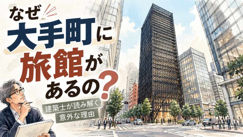 星のや東京の建築を大手町の街路から見上げた黒い格子の塔のイメージ