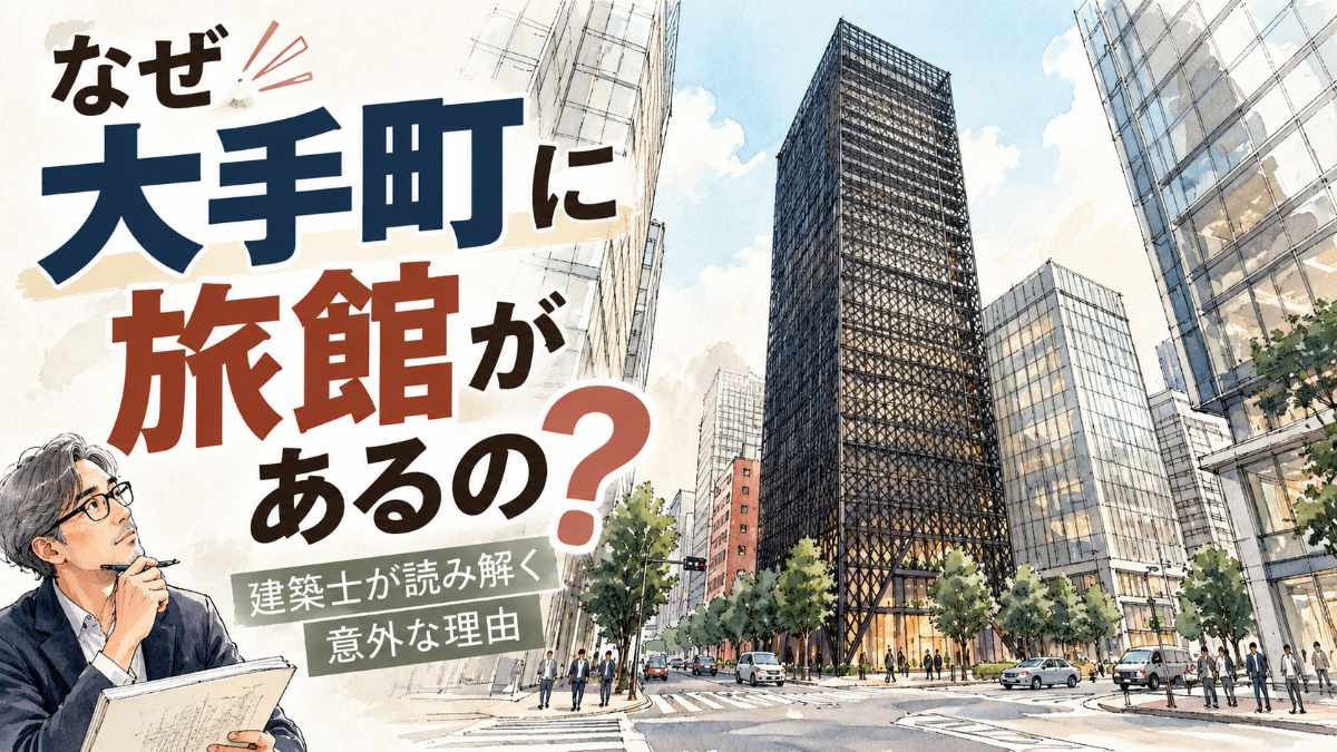 星のや東京の建築を大手町の街路から見上げた黒い格子の塔のイメージ