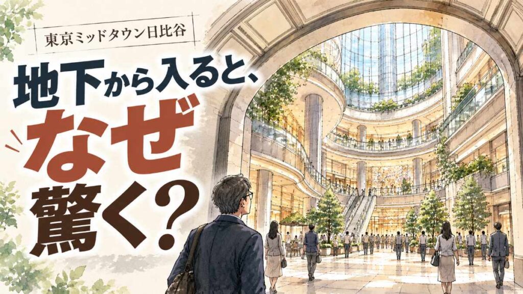東京ミッドタウン日比谷のアトリウムを下から見上げたイメージ。三層の吹き抜けと曲線を描く各階の縁