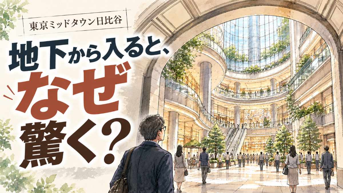 東京ミッドタウン日比谷のアトリウムを下から見上げたイメージ。三層の吹き抜けと曲線を描く各階の縁