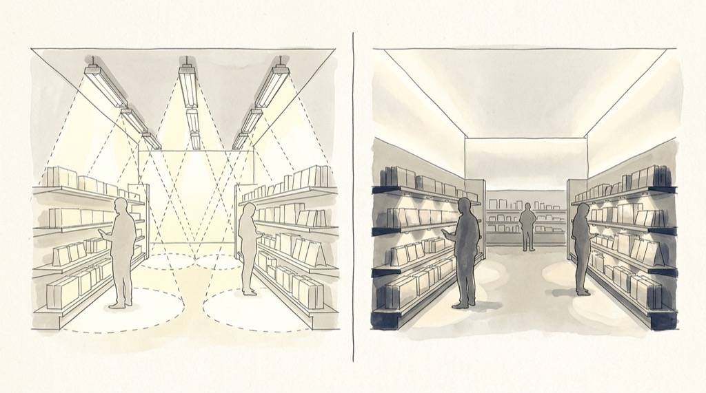一般的なベース照明と建築化照明の違いを比べた概念図、光の広がり方の比較