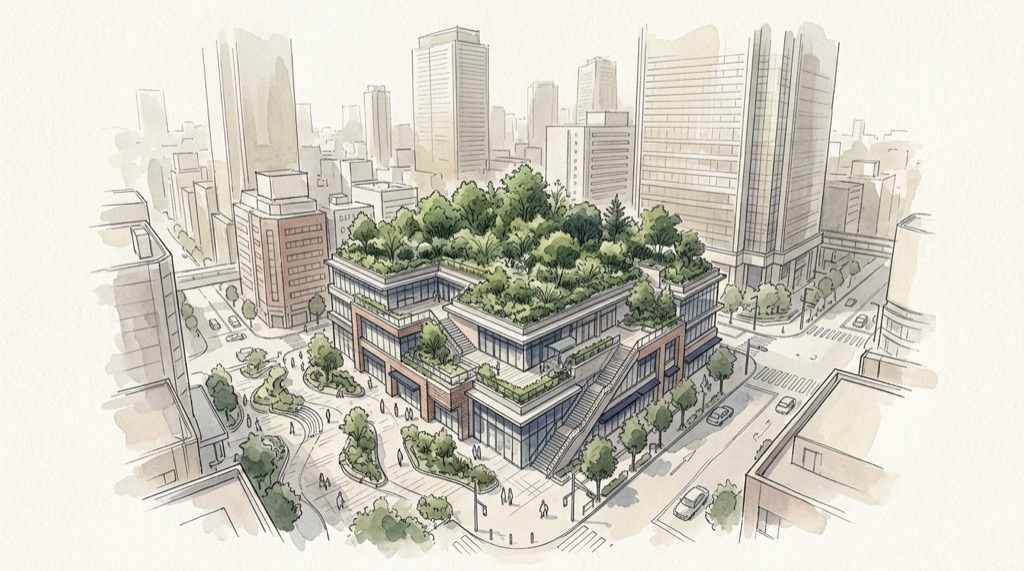 FAMIMA PARK AZABUDAIの屋上の森と街並みの関係を描いた建築スケッチ