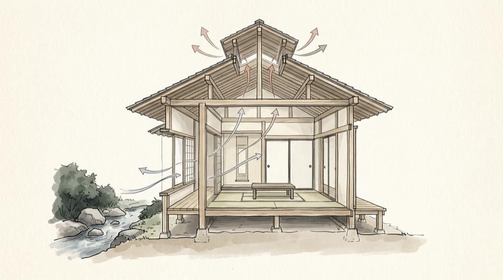 客室の屋根にのる小さな越屋根「風楼」と空気の流れを示した断面イメージの水彩スケッチ
