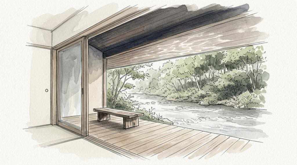 深い軒とテラスから水辺と木々を眺める客室のイメージを描いた水彩スケッチ
