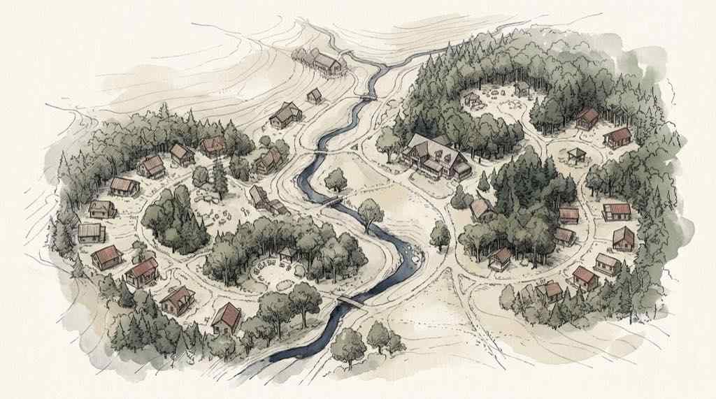 谷あいの森と水辺に点在する宿の全景を、少し高い位置から描いた水彩スケッチ