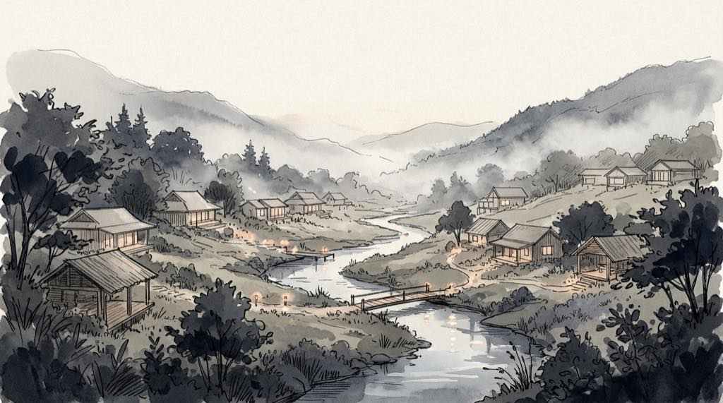 夕暮れの谷の集落と水辺の灯りを描いた、静かな雰囲気の水彩スケッチ