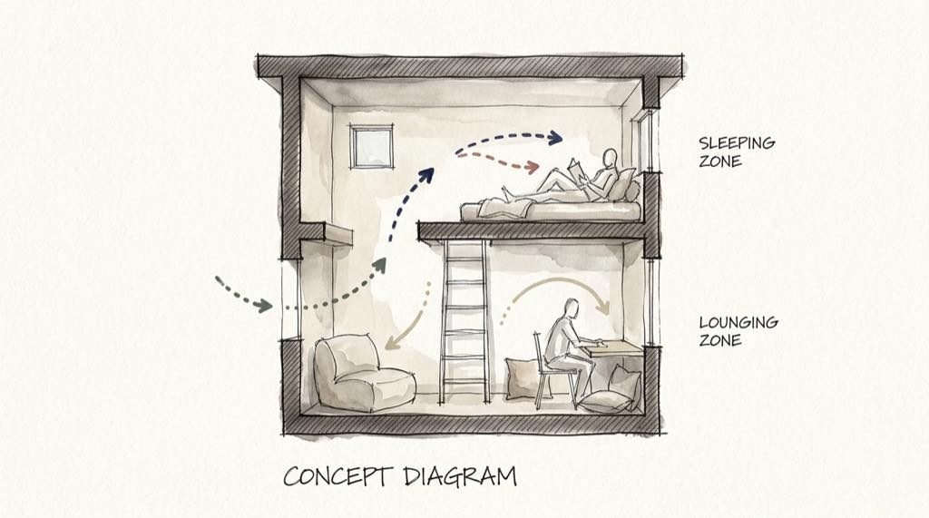 やぐらルームの上下二層構成を示す概念図。実際の寸法や配置とは異なるイメージ