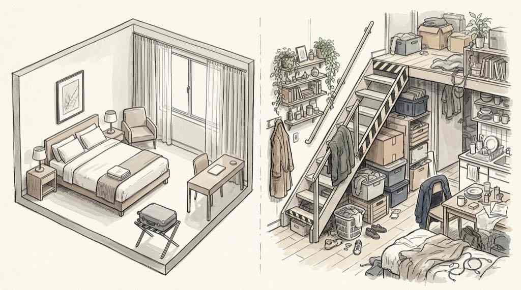 ホテルと住宅の使い方の違いを対比した概念スケッチ