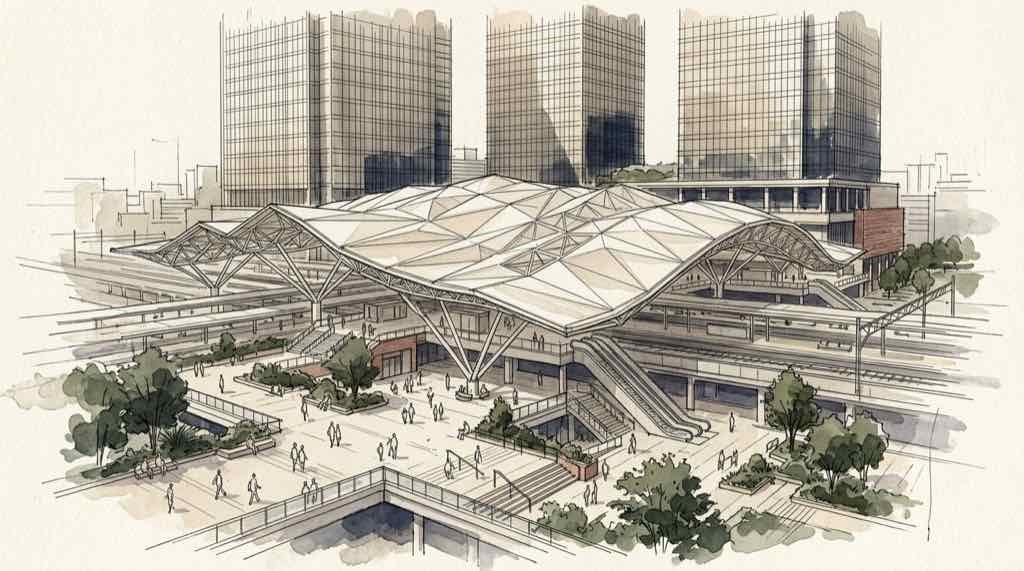 高輪ゲートウェイ駅の大屋根と超高層ビル群が並ぶ、TAKANAWA GATEWAY CITYの建築の全景イメージ