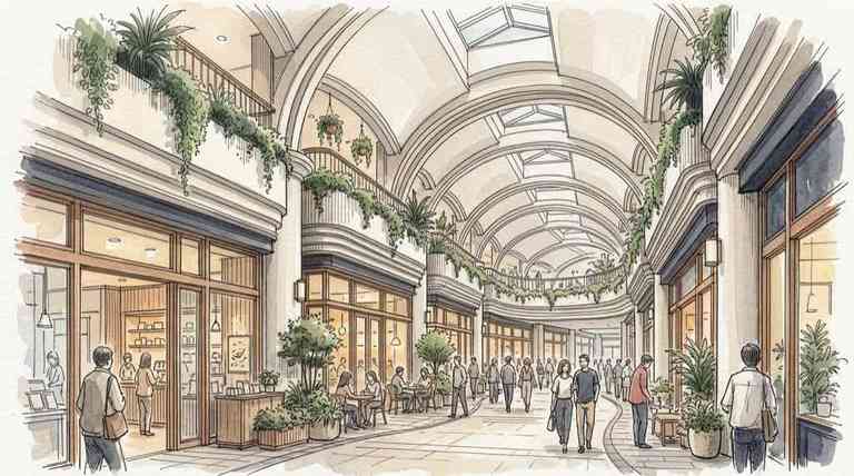 高輪ゲートウェイ駅のコンコースの吹き抜けからホームと列車を見下ろす建築イメージ