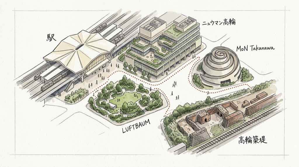 石垣の高輪築堤の石積みを手前に、現代の超高層ビルを背景にした歴史と未来の対比イメージ