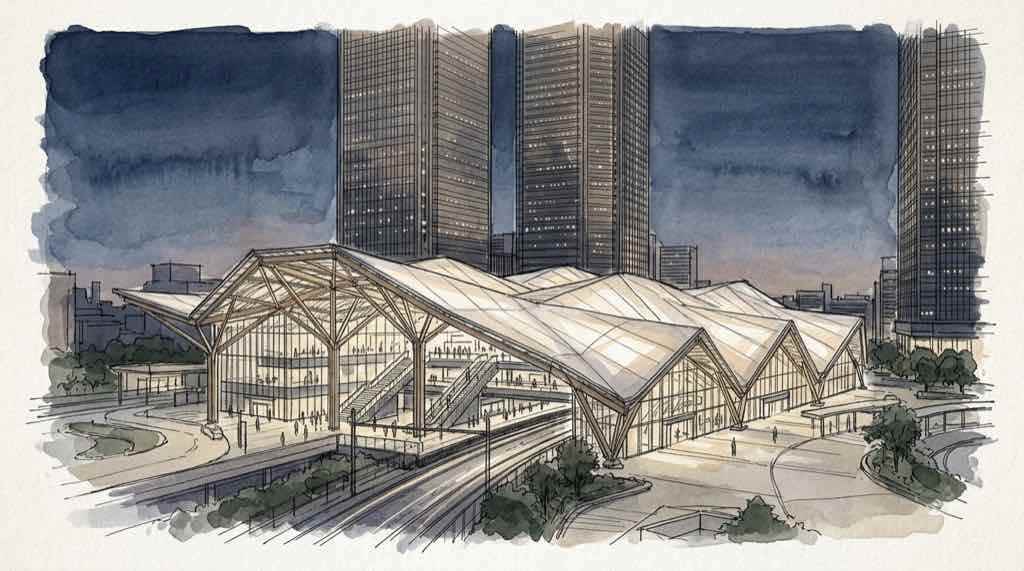高輪ゲートウェイ周辺の夕暮れ、青い空と暖色の駅の照明と高層ビル群が並ぶ建築イメージ