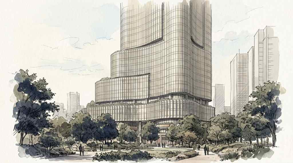 曲面を描く東京ミッドタウン日比谷の外観全体を日比谷公園側から見たイメージ