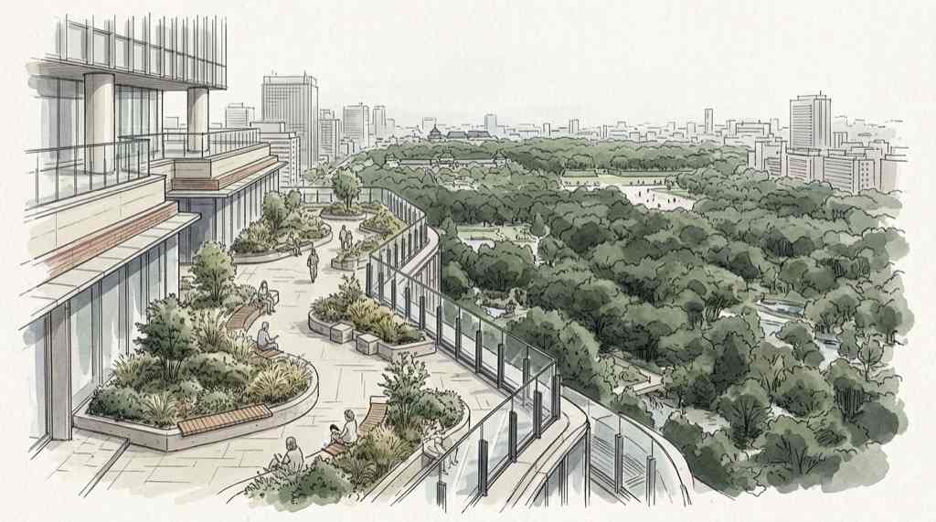 東京ミッドタウン日比谷6階のパークビューガーデンから日比谷公園方向を眺めたイメージ
