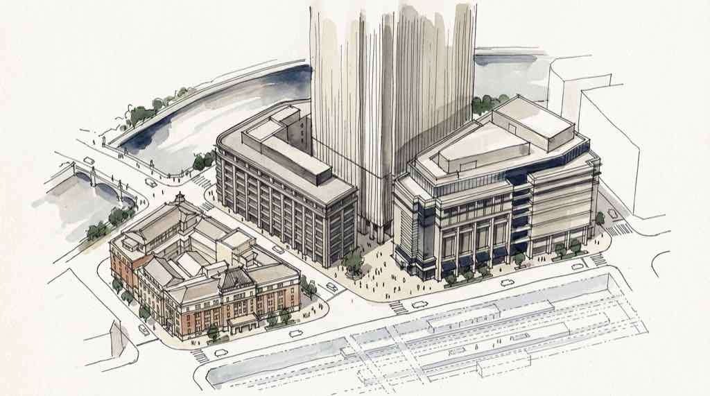 東京ミッドタウン日本橋のA街区からD街区の配置と低層部、タワーの関係を描いた建築スケッチ